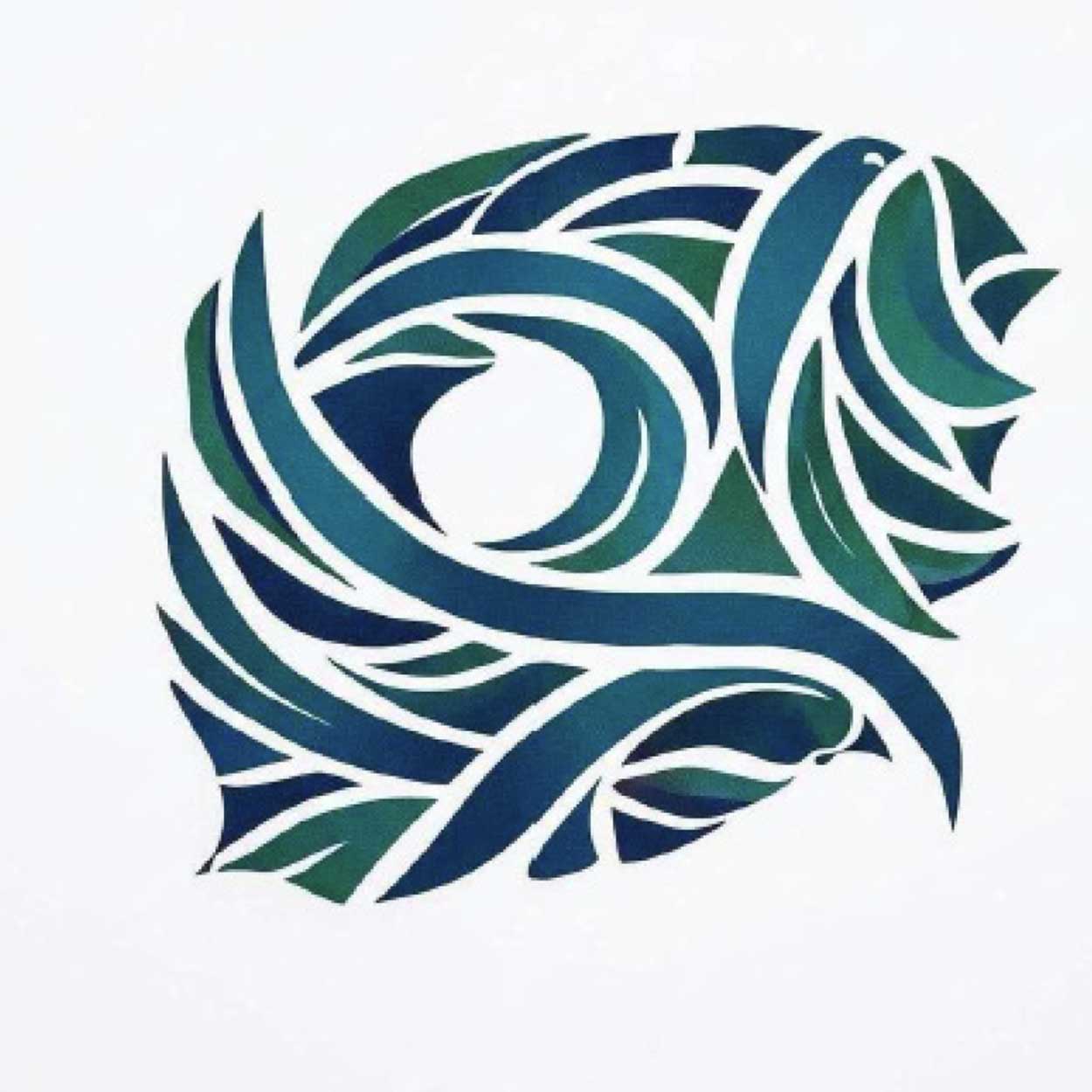 Logo stilizzato con uccelli e onde in tonalità blu-verde, design veneziano elegante