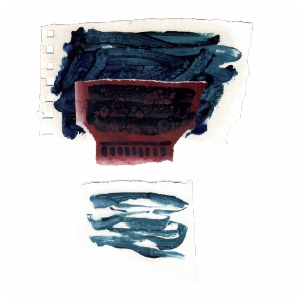 Dettaglio tessuto micro piquet tinta in capo con stampa artistica blu e rosso, design veneziano