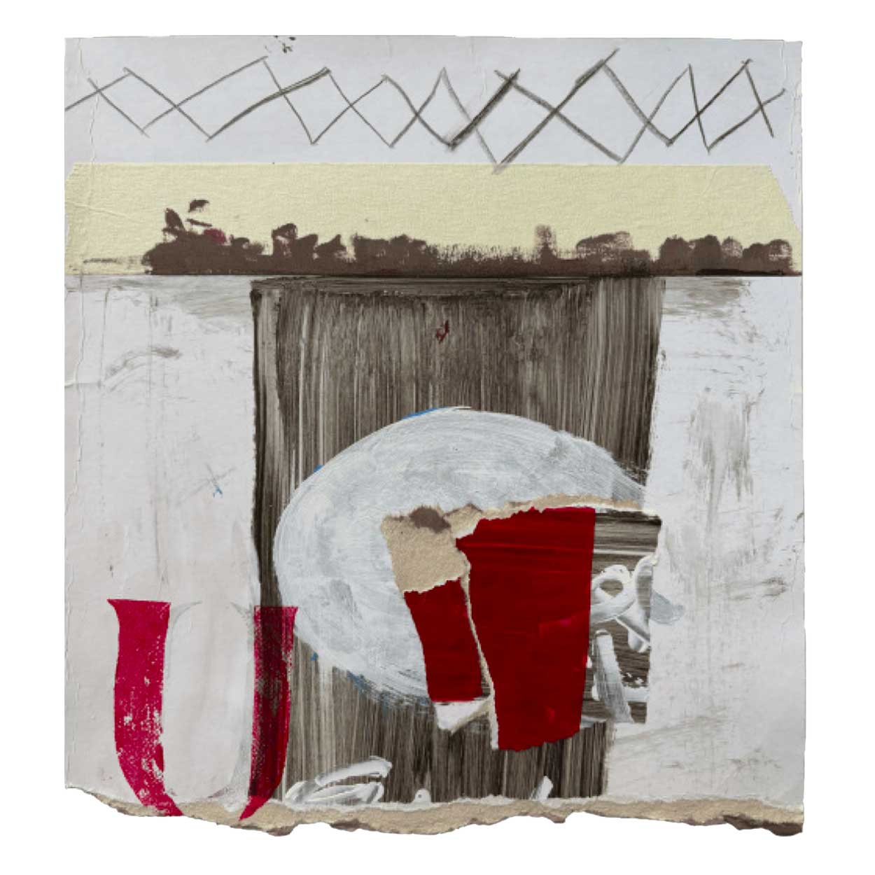 Opera d'arte astratta con collage, pennellate grigie, rosso vivo e dettagli geometrici